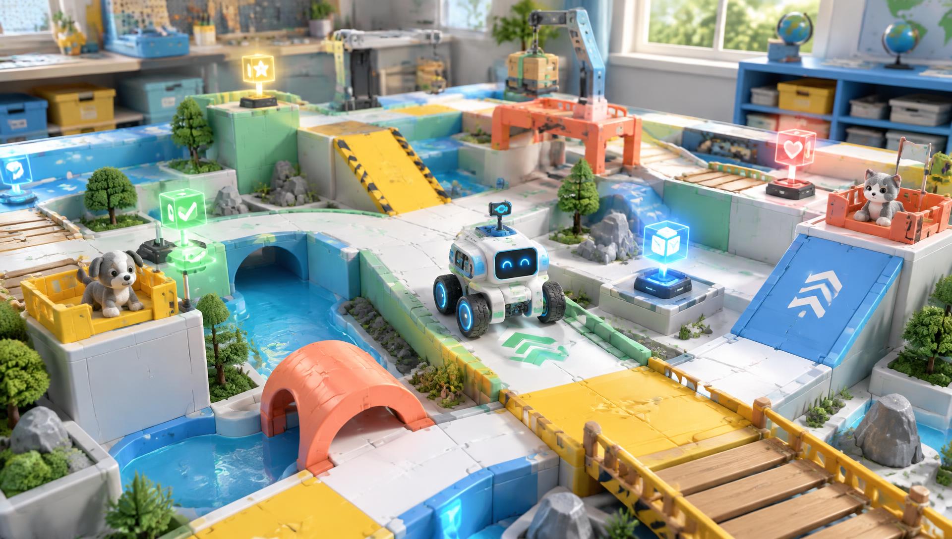 KidBot robot moving through a colorful challenge arena