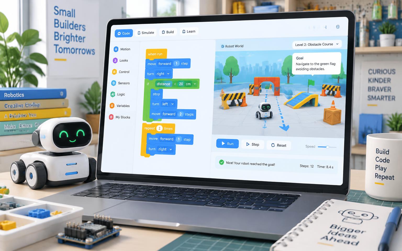 KidBot coding workspace and robot simulation