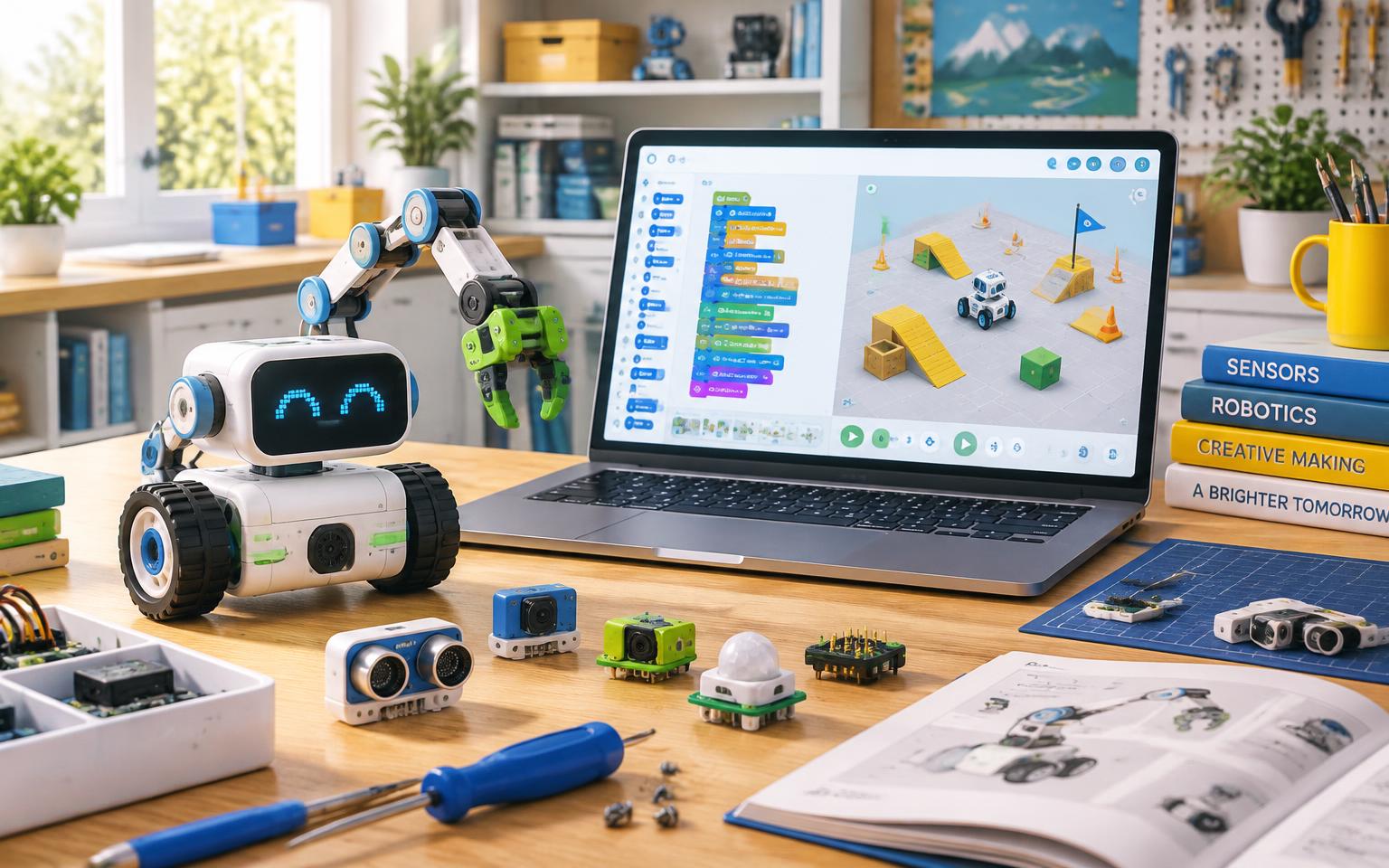 KidBot robot, software and sensors on a bright maker workbench